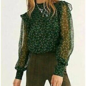 Free People Roma Forest Green Floral Sheer Mock Neck Long Sleeve Blouse Medium
